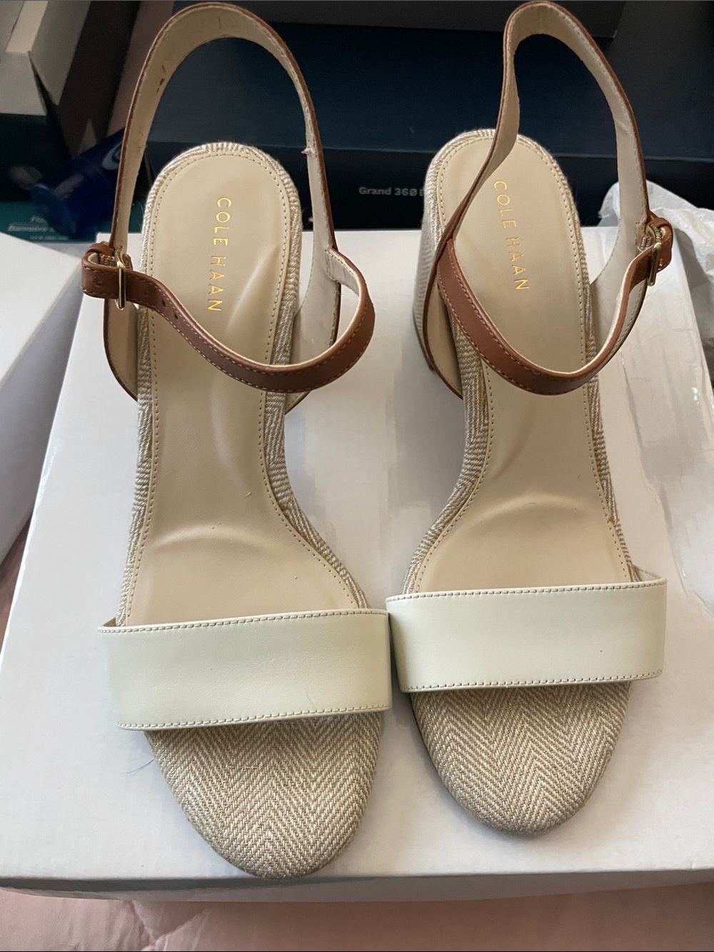 Cole Haan Cream and Brown Open-Toe Slingback Heels